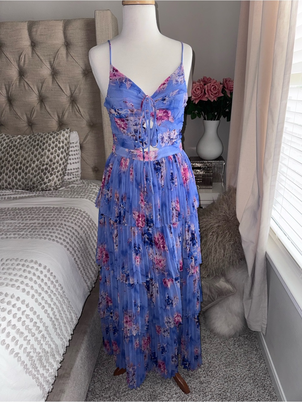 Blue Floral Spaghetti Strap Maxi Dress